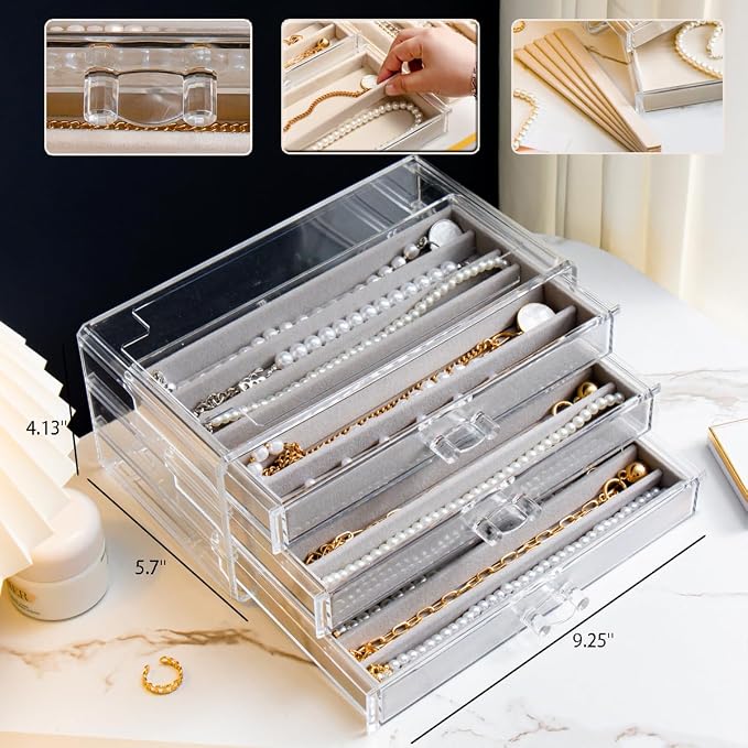 YUFONG Necklace Holder Organizer, Dustproof Necklace Box Velvet Necklace Organizer Box with Lid Clear Acrylic Dustproof Stackable Jewelry Displays for Necklaces Chain Display (Gray, 3 Drawer)