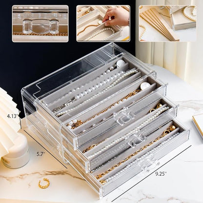 YUFONG Necklace Holder Organizer, Dustproof Necklace Box Velvet Necklace Organizer Box with Lid Clear Acrylic Dustproof Stackable Jewelry Displays for Necklaces Chain Display (Gray, 3 Drawer)