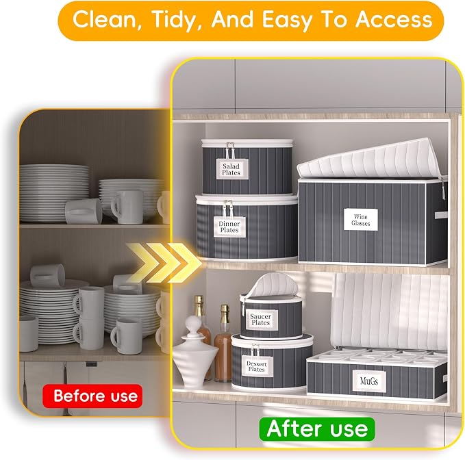 Fine China Storage Containers, 6 Piece Dish Storage Containers, Stackable Plate Storage, Coffee Mug Storage and Wine Glass Storage Box with Dividers, Quilted Dish Organizers, Grey