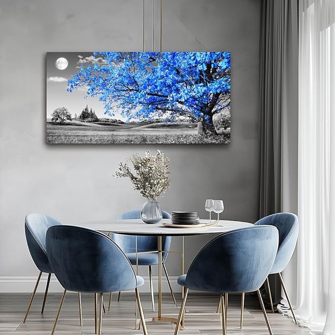 wall art for living room Simple Life Blue moon tree landscape Abstract painting office Wall Decor 20" x 40" single Pieces Canvas Prints Ready to Hang for Home Decoration Black and white Works of art