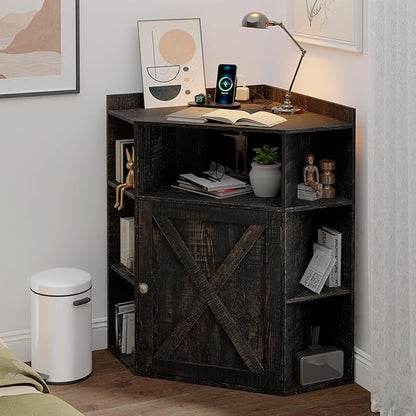 Vabches Corner Cabinet, Corner Storage Shelf with USB Ports and Outlets Industrial Organizer for Small Space Wooden 6-Cubby Bookshelf for Study, Playroom, Living Room (Dark Rustic Oak)