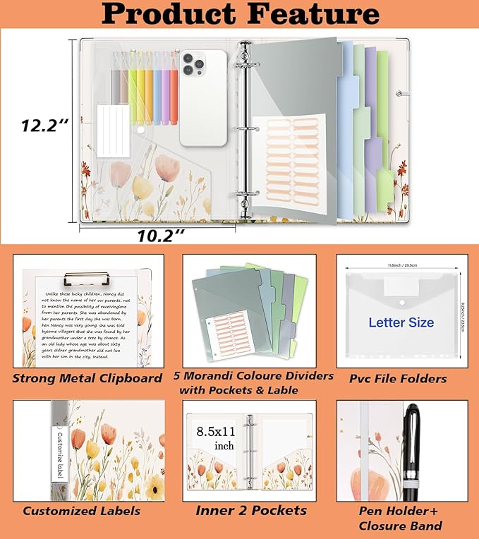 3 Ring 1 Inch Binder Organizer, BVSSX Three Ring Binders with Clipboard, 5-Tabs Pockets Dividers, Plastic Folder, 18 Divider Stikers,Pen Loop (Weeds, Letter Size)