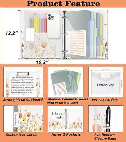 3 Ring 1 Inch Binder Organizer, BVSSX Three Ring Binders with Clipboard, 5-Tabs Pockets Dividers, Plastic Folder, 18 Divider Stikers,Pen Loop (Weeds, Letter Size)