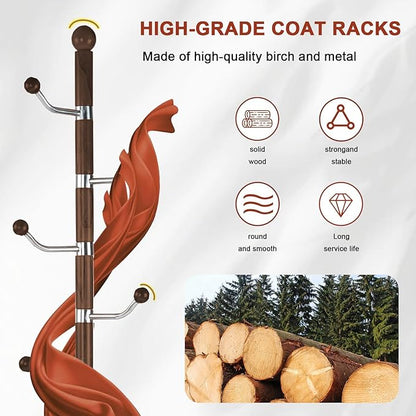 Wooden Coat rack freestanding, Coat racks stand with 6 Hook, Heavy duty coat tree standing Adjustable Heights for Bedroom, Entryway, Hallway, Office, Metal Base (Walnut)