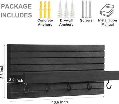 Decorative Key Holder for Wall with Shelf, Entryway Shelf with Hooks Holds Leashes, Jackets and Glasses – Sturdy Wood Keyholder Entrance Hanger with Mounting Hardware (Black, Medium)
