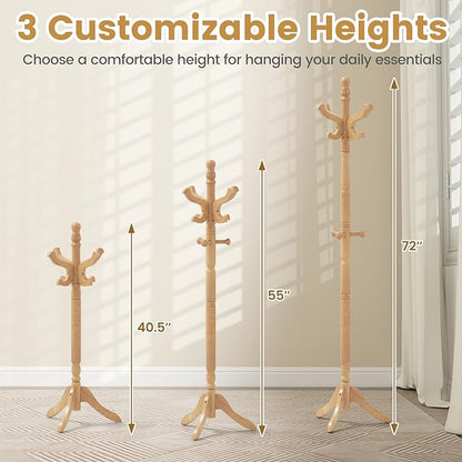 Giantex Solid Wood Coat Rack, Freestanding Hall Tree with 3 Adjustable Heights and 11 Hooks, Rubber Wood Frame, Entryway Hanger Stand, Wooden Garment Rack for Hallway, Living Room (Natural)