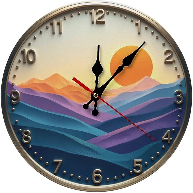 Wall Clock， Sunset Landscape Non Ticking Wall Clocks Battery Operated， Gold Wooden Wall Clocks for Kitchen， Living Room， Bedroom， Office， Bathroom Decorative 25 * 25cm