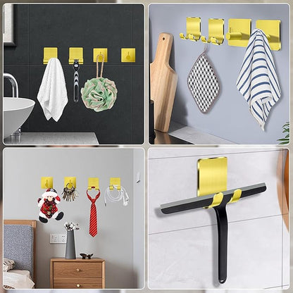 CGBE Razor Holder for Shower, 4 Packs Razor Holder and 4 Packs Shower Hooks, Self Adhesive Shaver Holder Hanger Hooks for Bathroom, Damage Free Wall Hooks for Razor Shaver Loofah Sponge - Gold