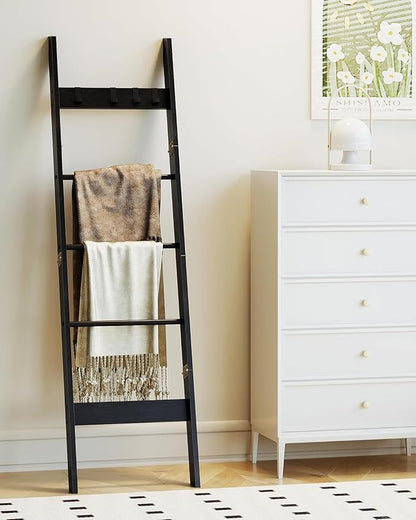 Hzuaneri Blanket Ladder for Living Room, Decorative Quilt Rack with 4 Removable Hooks, 5-Tier Farmhouse Ladder Holder Shelf Organizer for Bedroom, Black BR02104B