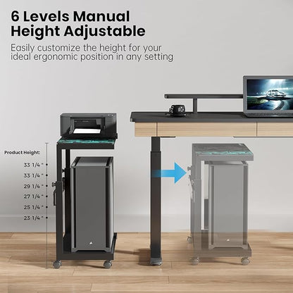 EUREKA ERGONOMIC PC Stand Computer Cart Frosted Glass, Height Adjustable Tower Stand 2-Tier Suit for ATX Case Printer, Metal Rolling Cart on Wheels for Gaming Home Office, Black