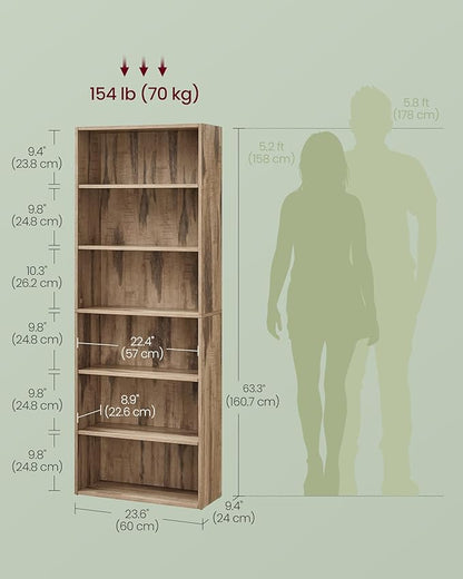 VASAGLE Custos Collection - Bookshelf, 6-Tier Bookcase, Book Shelf, Open Storage Shelf, 9.4 x 23.6 x 63.3 Inches, for Living Room, Home Office, Dinning Room, Camel Brown ULBC166T50