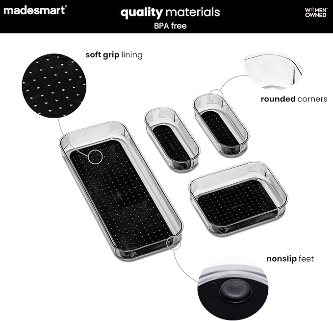 madesmart Premium 4 Piece Clear Storage Bin Set, Modular Drawer Organizers for Office, Kitchen, Bathroom & Home, Soft Grip Lining, Non Slip Base, Durable Plastic, Carbon