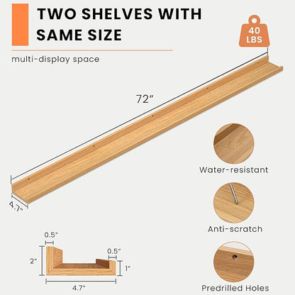 Heimlove Picture Ledge Shelf, Floating Shelves Set of 2, 72 Inches Long Large Picture Shelf for Wall with Ledge, Kids Bookshelf Wall Mounted for Living Room Bedroom Decor Books Photo Frames, Oak