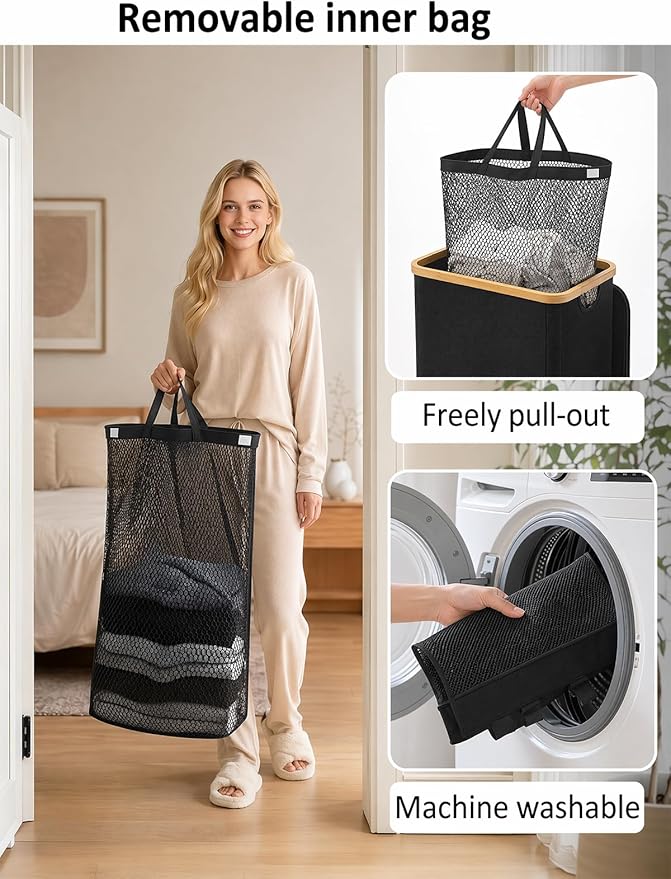 iEGrow Laundry Hamper with Lid, 110L Large Laundry Basket with Handle, Collapsible Clothes Basket Organizer with Removable 2 Inner Bag for Clothes Towels - Black