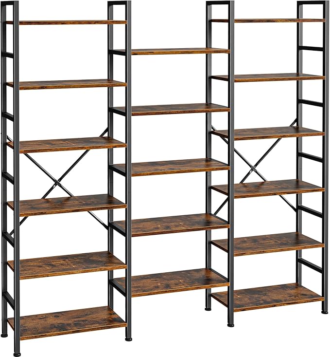 SUPERJARE Triple Bookshelf, Bookcase with 11 Open Display Shelves, Wide Book Shelf Book Case for Home & Office, 6 Tier, Rustic Brown