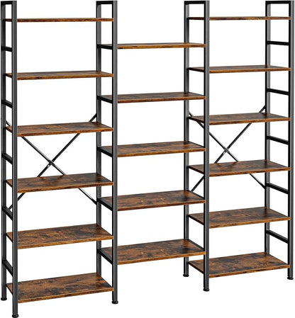SUPERJARE Triple Bookshelf, Bookcase with 11 Open Display Shelves, Wide Book Shelf Book Case for Home & Office, 6 Tier, Rustic Brown