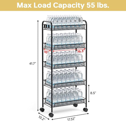 TOOLF 5-Tier Metal Utility Cart with 3 Hooks, Easy Assemble Mobile Storage Trolley On Wheels, Metal Shelving Units Kitchen Bathroom Laundry Room