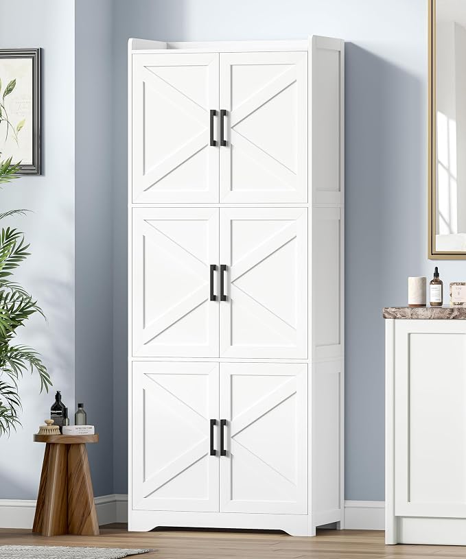 Akxomel Tall Bathroom Storage Cabinet, Bathroom Floor Cabinet with 6 Barn Doors, 11.6''D x 22.6''W x 60.2''H, Adjustable Shelves, Linen Pantry Cabinet, for Kitchen Living Room, Entryway, White