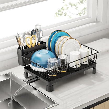 GSlife Small Dish Drying Rack for Kitchen Counter with Drainboard - Compact Dish Drainer for RV, Camper and Apartment, Rust-Resistant Wire Rack with Utensil Holder, 15"L x 10"W, Black