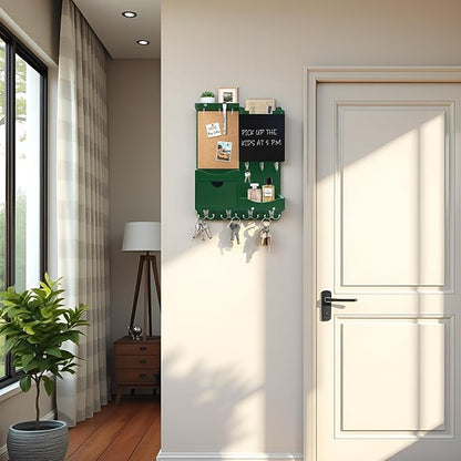 Key Holder Wall Mount， Mail Organizer Key Holder for Wall with Shelf, Drawer, Chalkboard, Corkboard, Home Decor Wall Mounted for Room Entryway (Green)