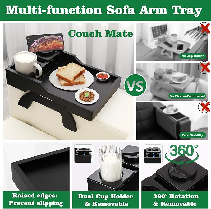 GHKINMAL Couch Cup Holder Tray, 15.4"x9.9" Large 4 in 1 Couch Arm Tray with 360°Rotated Phone Holder, Non-Slip Clip on Side Table for Drinks/Remote/Snacks, Ideal Gift for Husband, Wife, Parents