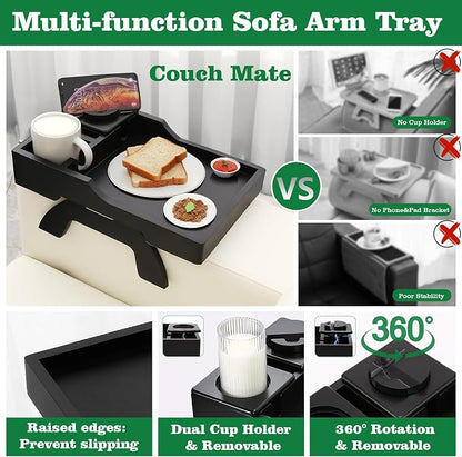 GHKINMAL Couch Cup Holder Tray, 15.4"x9.9" Large 4 in 1 Couch Arm Tray with 360°Rotated Phone Holder, Non-Slip Clip on Side Table for Drinks/Remote/Snacks, Ideal Gift for Husband, Wife, Parents