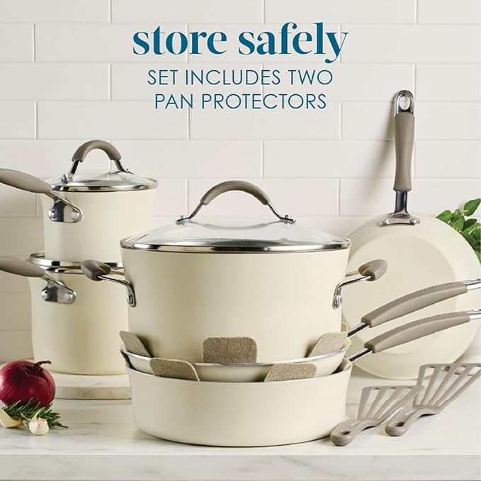 Rachael Ray Cucina Ceramic Cookware Set - 13 Pieces - Ceramic Pots and Pans Set w/Nonstick Frying Pans, Saute Pan, Saucepans, Stockpot, Lids, Pan Protectors - Almond