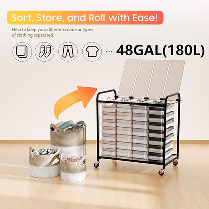Laundry Sorter 4 Sections 48 Gal, Rolling Laundry Basket with Lockable Wheels and Lid, Laundry Hamper with 4 Separated Removable Bags Dirty Clothes Hamper for Laundry Room Organizer, White