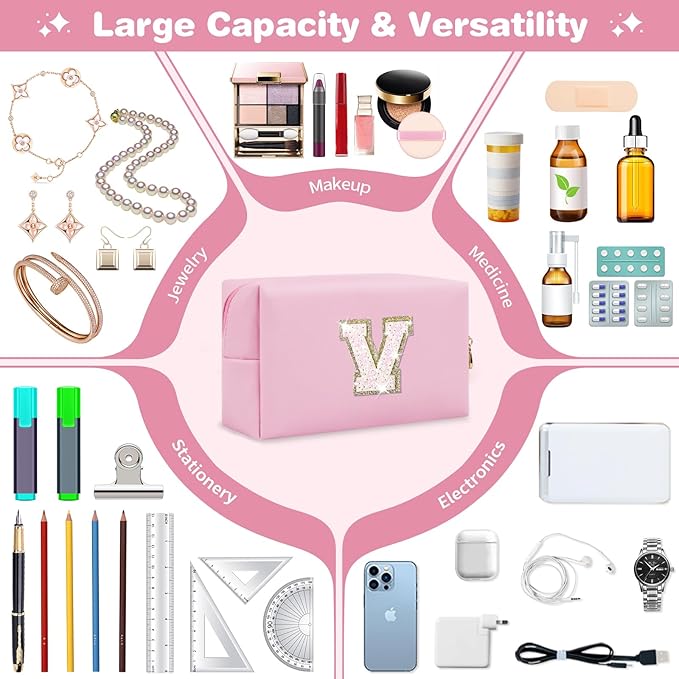 Small Personalized Initial A-Z Patch Makeup Bag,Pink Cute PU Leather Glitter Letter Cosmetic Bag for Teen Girls,Travel Toiletry Bag with Zipper,Preppy Monogrammed Birthday Gift for Daughter Niece V