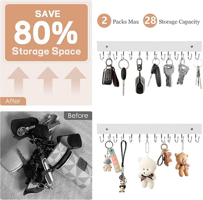 2Pack Key Holder Wall Mount with 28 Rotating 180° Key Hooks, 14.6" Rustproof Organizer Hanger for Apartment Decor, Wall Storage Rack for Entryway, Living Room, Hallway, Bathroom, Kitchen(White)