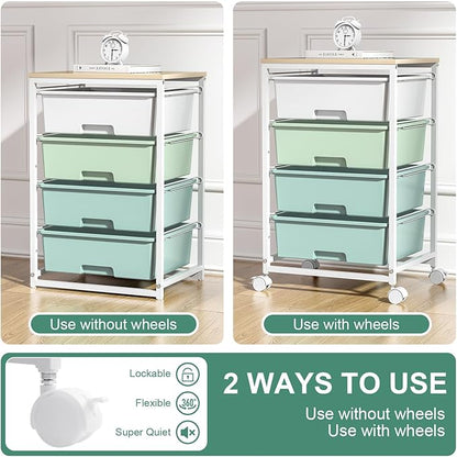 SYKIARIOL Utility Cart with 4 Drawers,Rolling Storage Cart with Drawers,Storage Rolling Drawer Cart with Wooden Tabletop for Bedroom,Kid's Room,Dorm,Classroom,Office,Green