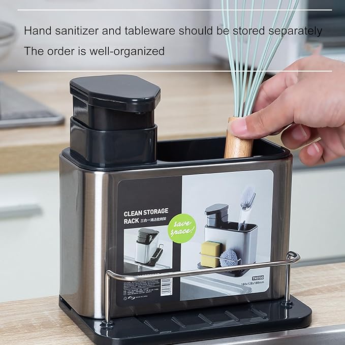 Irishom Stainless Steel Sponge Holder 3 in 1 Soap Dispenser Kitchen Sink Organizer with Drain Holes Sink Soap Pump and Holder