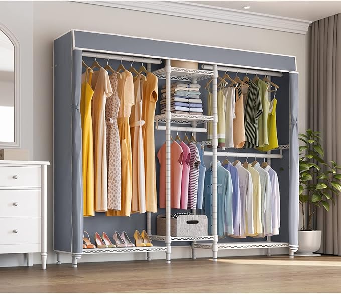 VIPEK Classic V6C Heavy Duty Covered Clothes Rack Portable Wardrobe Closet, 5 Tiers Wire Garment Rack White Metal Clothing Rack with Grey Oxford Cover, 70.1" L x 17.3" W x 76.4" H, Max Load 870 LBS