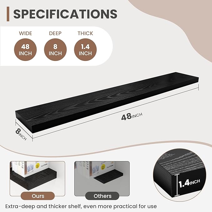 Acovy 48 Inch Floating Shelves, 8 Inch Deep Floating Shelves for Wall, Hanging Shelf with Invisible Brackets, Deep Shelves for Bathroom, Bedroom, Living Room, Black, Set of 1