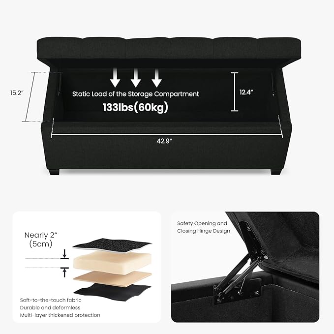 47.2" Ottoman with Storage, Storage Ottoman Bench with Safety Hinge,Tufted End of Bed Bench, Upholstered Entryway Bench for Bedroom, Living Room & Window (Blacklinen-Upgraded Version)