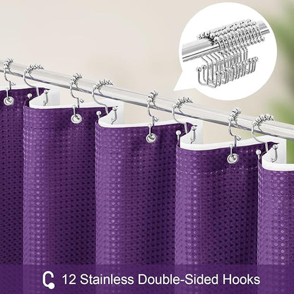 3 in 1 Shower Curtain Set, Purple Waffle Shower Curtain and PEVA Liner Set with 12 Stainless Steel Shower Curtain Hooks, Waterproof Fabric Shower Curtains for Bathroom, 72 W x 72 H