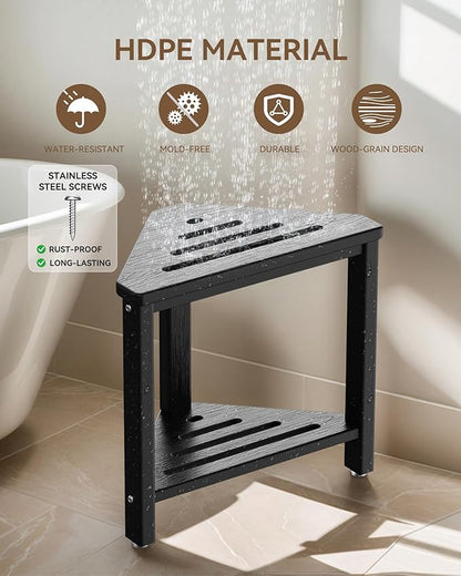 Shower Foot Rest 15in, HDPE Waterproof Shower Stool for Inside Shower, Corner Shower Stool for Shaving Legs with Storage Shelf for Small Space, Shower Step Stool, Plastic Corner Shower Bench, Black
