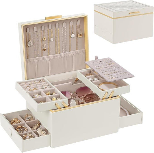 Lolalet Jewelry Box Organizer for Women Girls, 2 Layer Jewelry Organizers and Storage for Necklace Earrings Rings Bracelets, Large Jewellery Holder Case Birthday Gifts -Cream