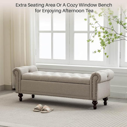 58.1" Storage Bench Upholstered Linen End of Bedroom Bed Bench Ottoman with Tufted Cushioned Rolled Arm Large Storage Space for Reading Living Room Entryway, Light Brown