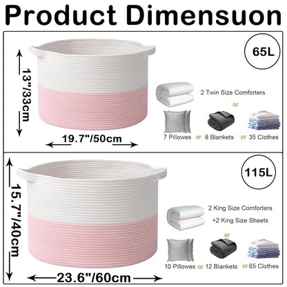 115L Extra Large Pink Woven Cotton Rope Basket with Handles, Kids Nursery Laundry Hamper for Toys, Blankets, Pillows & Comforters, Cute Storage Bin for Bedroom & Playroom