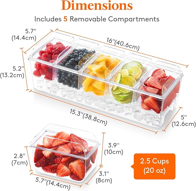 Lifewit 3 Pcs Ice Chilled Condiment Caddy with 5x 20 oz Containers, Condiment Server with Separate Lid, Serving Tray Platter with Removable Dishes for Bar, Fruit, Salad, Taco, Party Garnish