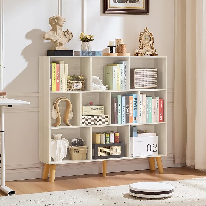 LEYAOYAO 10 Cube Bookshelf,3 Tier Modern Wide Bookcase with Legs,Mid-Century Wood Bookshelves Storage，Light Grey White Large Book Case,Freestanding Organizer Display Shelf for Living Room,Office