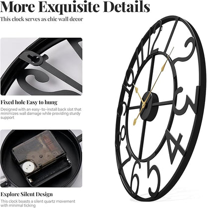Black 16 Inch Wall Clock Decorative, Modern Metal Clock for Lving Room, Battery-Operated Silent Non Ticking Arabic Numerals Wall Clocks for Bedroom, Kitchen, Dining Room, Office