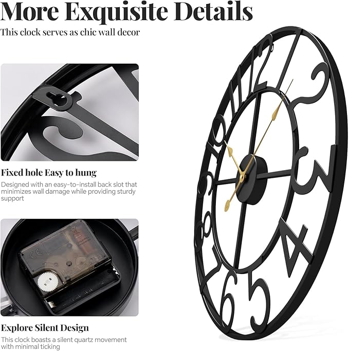 Cuspin 36 Inch Wall Clock, Large Wall Clock Decorative for Living Room, Arabic Numerals Non Ticking Battery-Operated Metal Round Modern Black Wall Clocks for Kitchen, Bedroom, Dining Room, Office