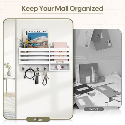 FifthQuarter Key Holder for Wall: Easy Mounted Key Rack and Mail Organizer with Store Shelf and Four Sturdy Keys Hooks Decor in Kitchen|Farmhouse|Entryway|Mudroom (White)