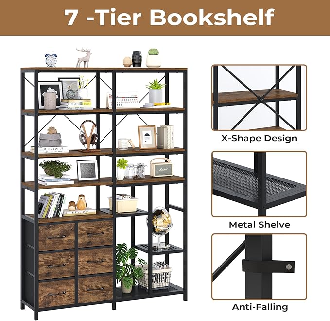 HAUOMS Corner Bookshelf, 7-Tier Industrial Convertible Book Shelf with 6 Fabric Drawers, Corner Bookcase Freestanding Display Shelf for Living Room, Kitchen, Home Office, Rustic Brown