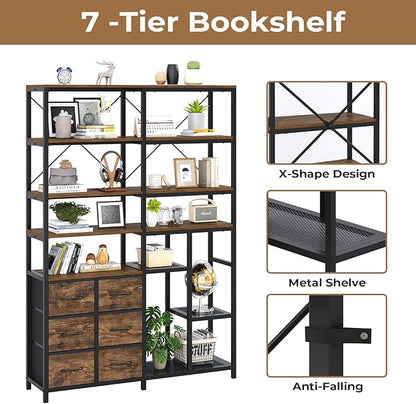 HAUOMS Corner Bookshelf, 7-Tier Industrial Convertible Book Shelf with 6 Fabric Drawers, Corner Bookcase Freestanding Display Shelf for Living Room, Kitchen, Home Office, Rustic Brown