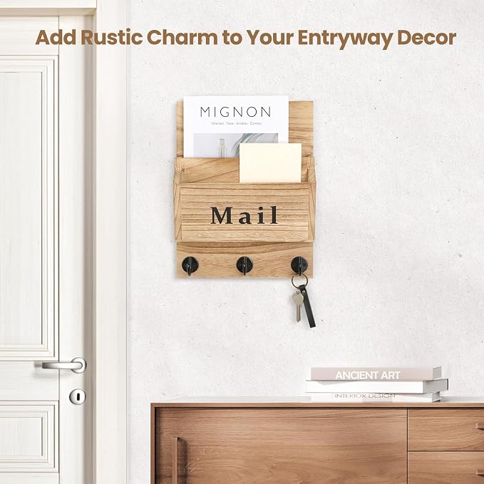 Mail and Key Holder - Decorative 8.86" x 11.42" Wall Key Hanger with 2 Mail Organizer Slots and 3 Hooks - Real Paulownia Wood with Keyhole Brackets, Hardware and Instructions (Wood)