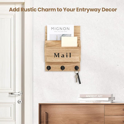 Mail and Key Holder - Decorative 8.86" x 11.42" Wall Key Hanger with 2 Mail Organizer Slots and 3 Hooks - Real Paulownia Wood with Keyhole Brackets, Hardware and Instructions (Wood)