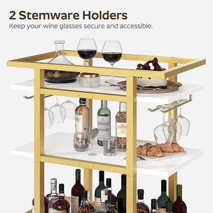 3 Tier Bar Cart, Home Bart Serving Cart with Glass Holders, Rolling Beverage Cart, Mobile Kitchen Shelf, for Home, Garden, Party, Gold BC19DW